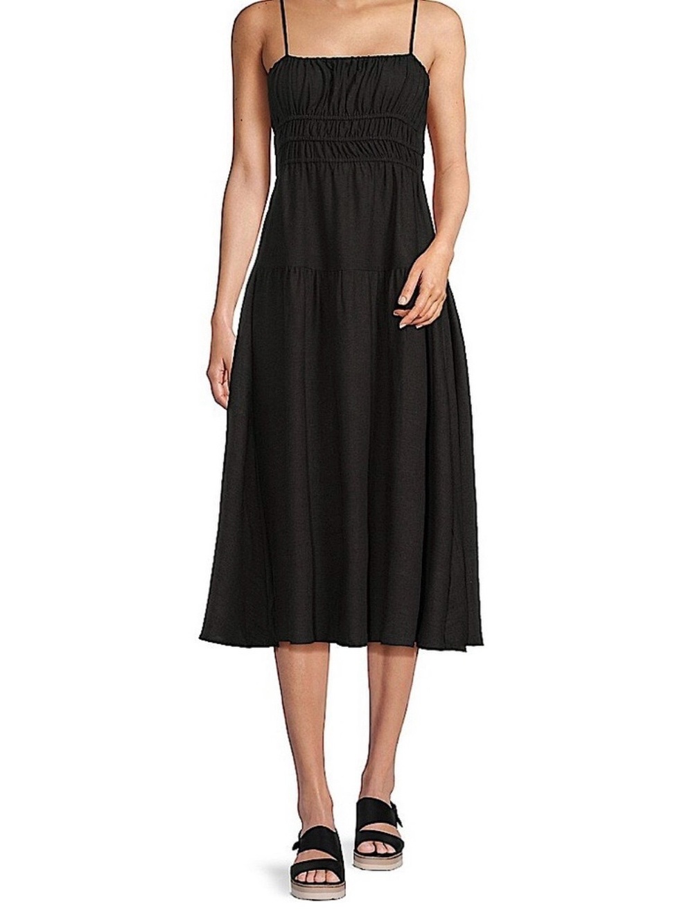 Weworewhat Scrunchie Linen-Blend Midi Dress in black